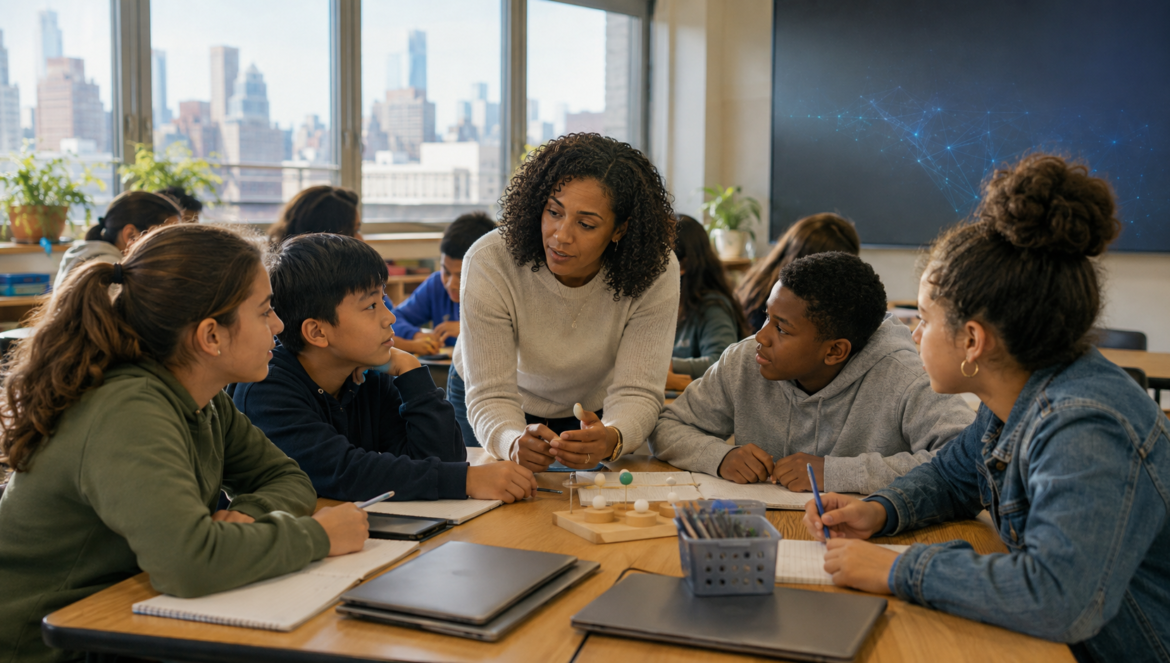 Teacher leads a small group discussion at a classroom table with five students and a science model in the center