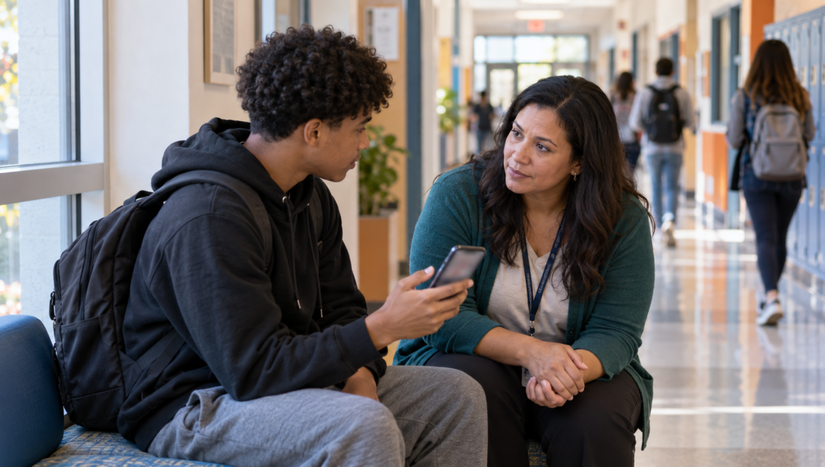 Threat assessment | edcircuit Student with a backpack sits in a bright school hallway showing a phone to a staff member who listens attentively at his side