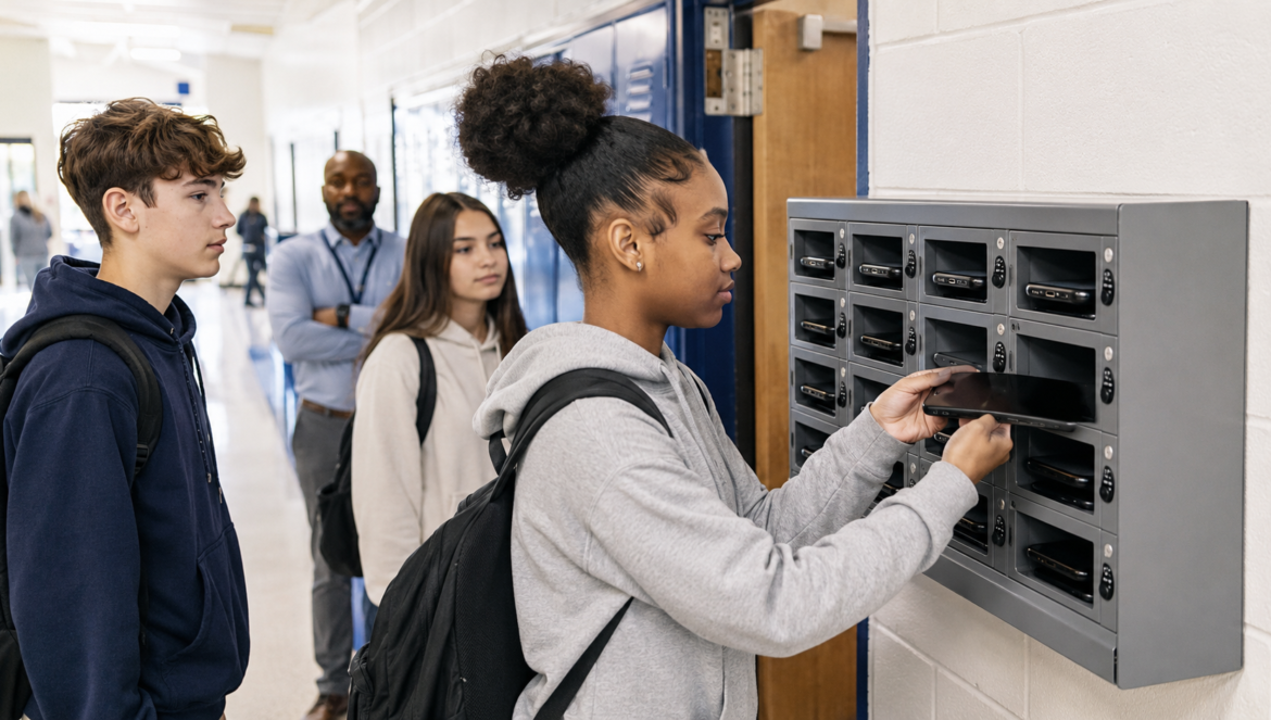 Girl in a gray hoodie inserts a tablet into a wall mounted multi slot mailbox in a school hallway while two classmates watch