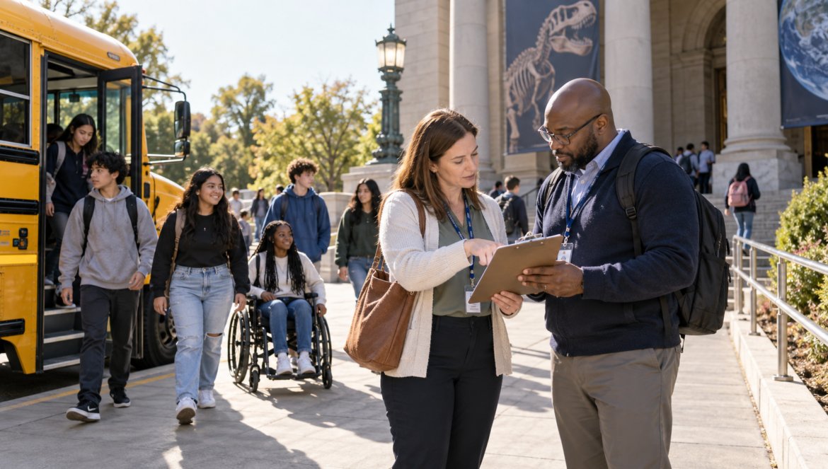 Two adults with lanyards review a clipboard as a diverse group of students including a wheelchair user steps from a yellow school bus outside a museum
