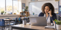 Woman sitting at a desk in a classroom talking on the phone and working on a laptop
