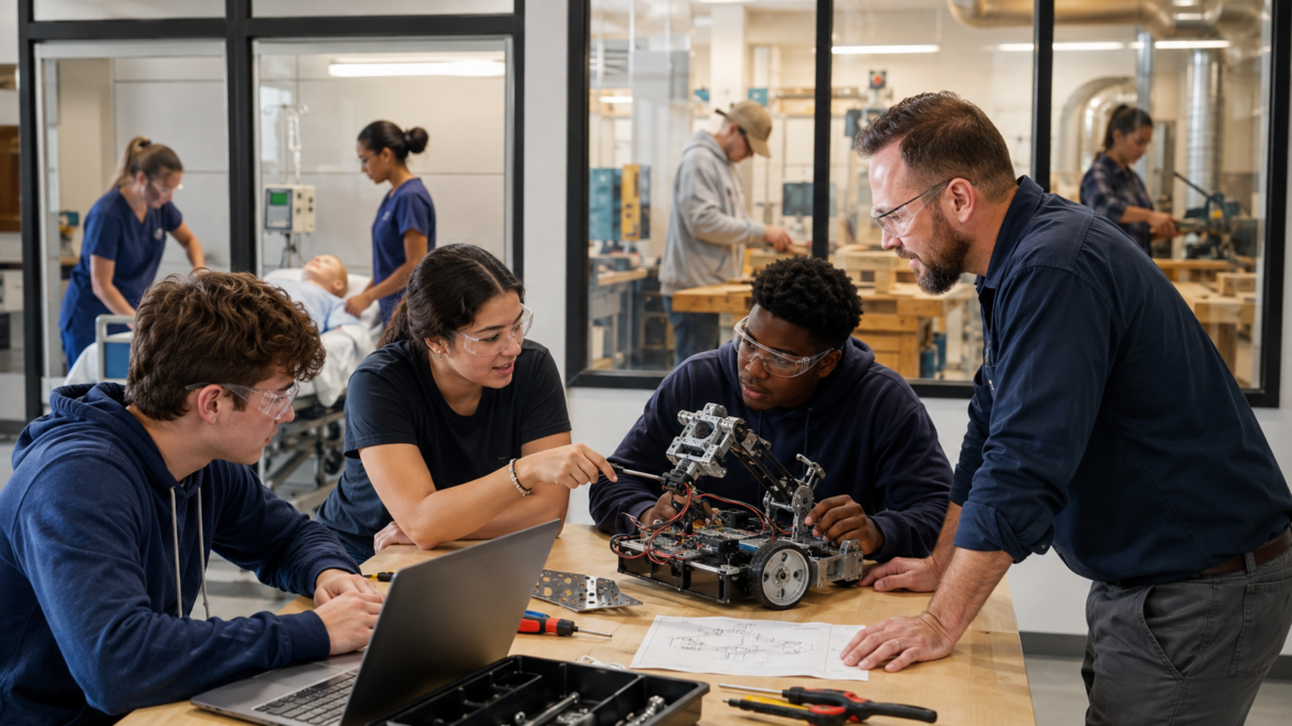 Team of students wearing safety glasses collaborating on a robotic device with a mentor in a workshop setting.