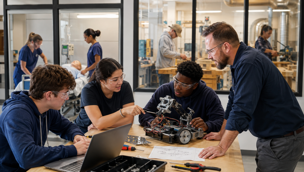 Why high schools need stronger cte pathways | edcircuit Team of students wearing safety glasses collaborating on a robotic device with a mentor in a workshop setting