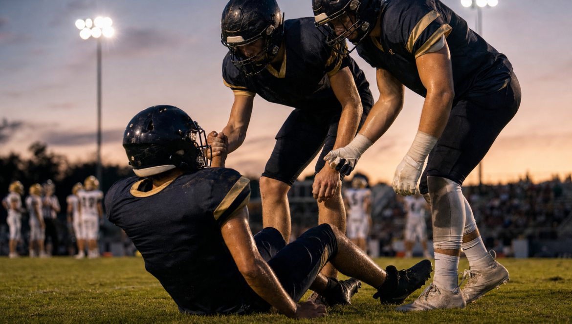 Football players helping a teammate up building people