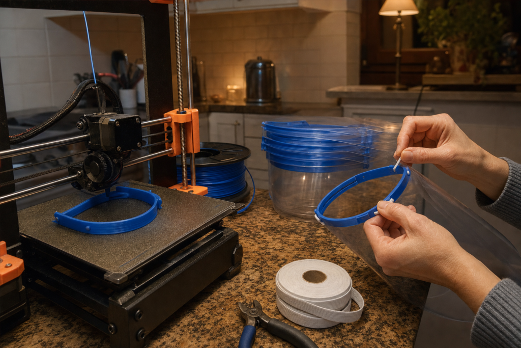 Family and Community Engagement in a Pandemic Larry Ferlazzo and Emily Frawley | edCircuit Community engagement in a pandemic a 3D printer makes face shield headbands beside a stack of finished shields