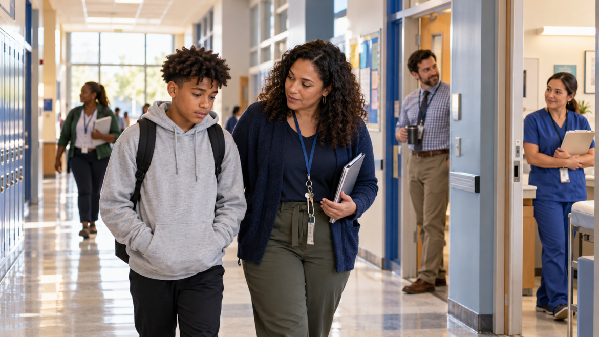 Student support: a female school counselor talking to a male student in a school hallway with staff in the background