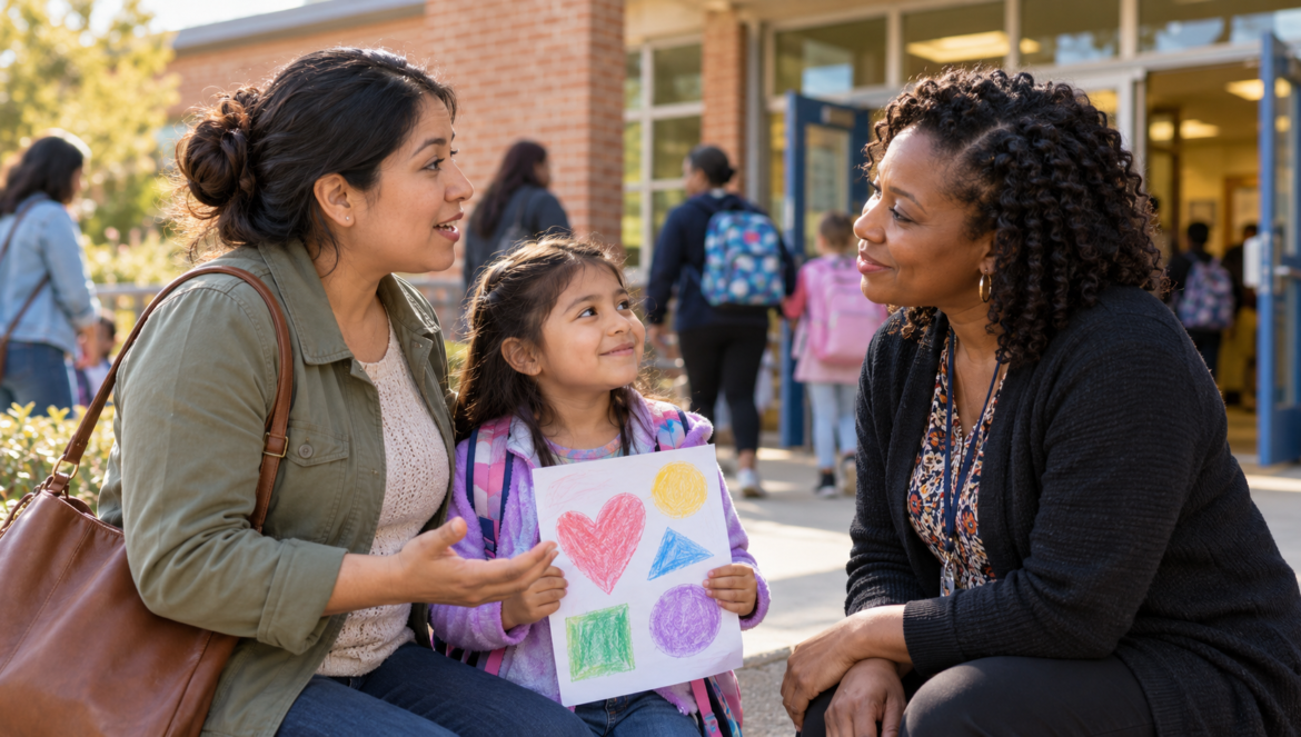 A parent and educator share a conversation outside an elementary school while a child proudly holds her classroom artwork