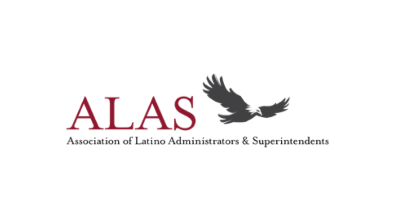 Logo of ALAS featuring a stylized black eagle in flight above the text ALAS in large maroon letters, with Association of Latino Administrators & Superintendents in smaller black letters below.