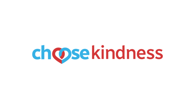 The words “choose kindness” with “choose” in blue and “kindness” in red; the “o” in “choose” is shaped like a heart, half blue and half red.