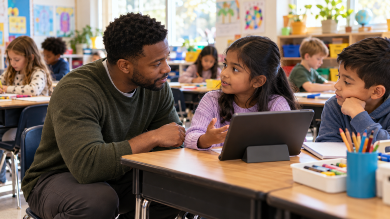 Teacher kneeling at a classroom table talking with students using a tablet