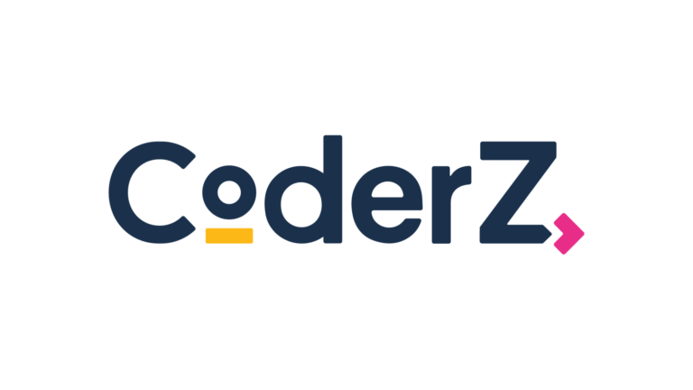 The image shows the CoderZ logo in bold dark blue letters. The letter o has a yellow underline, and there is a pink angular arrow pointing right next to the Z.