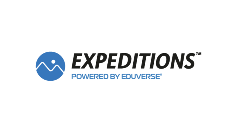 Blue circle with a simple white mountain and sun design to the left of the word EXPEDITIONS in bold black letters, with Powered by EDUVERSE® in smaller blue text below.