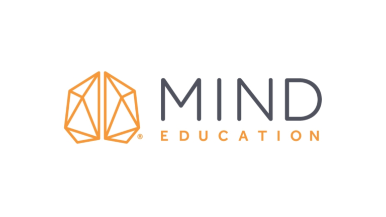 Logo for Mind Education. Features a stylized geometric brain in orange on the left, with the words MIND in gray and EDUCATION in orange on the right, all on a white background.