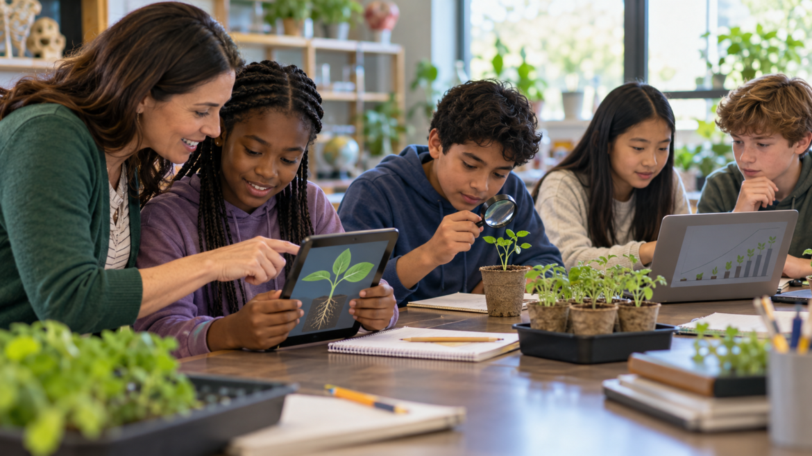 Science: Teacher and diverse students examining plant growth using tablets and magnifying glass in classroom
