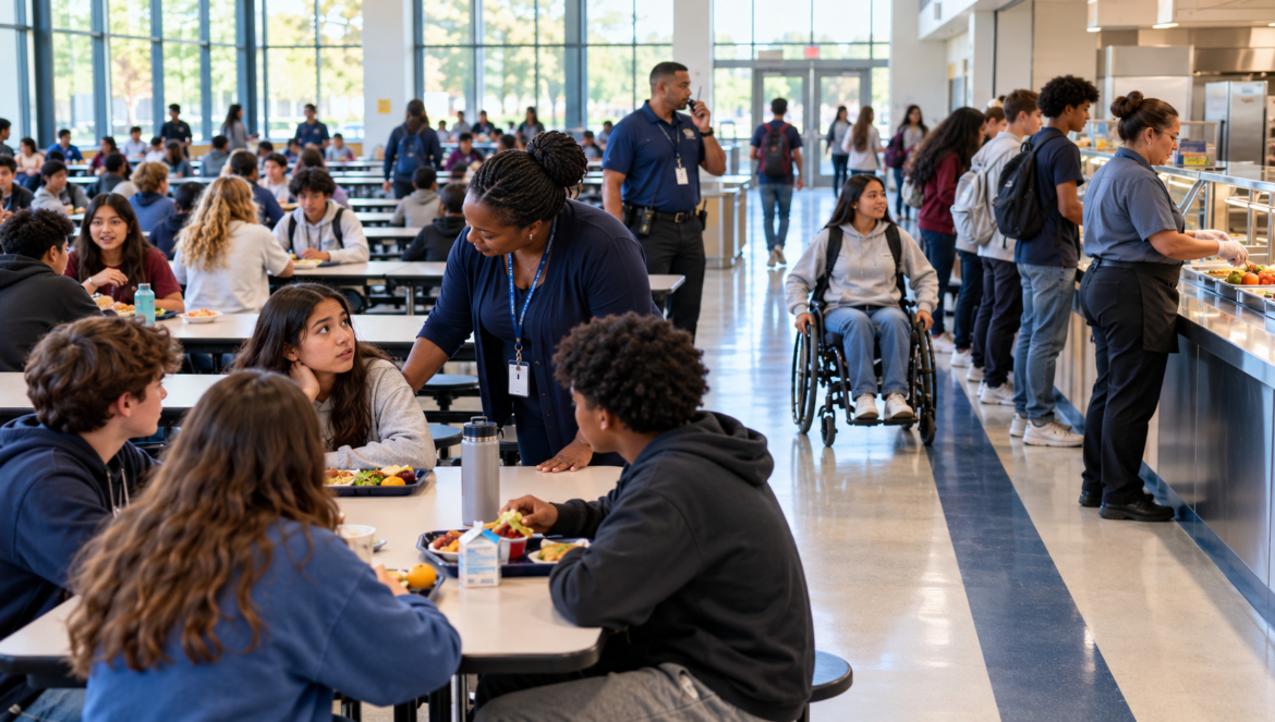 Students eating and talking at tables in a busy school cafeteria with staff assisting and serving food