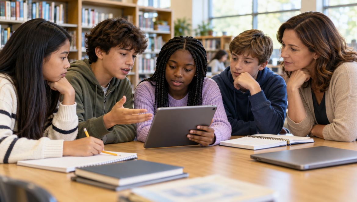 Middle school students review a tablet with their teacher during an online safety discussion in the school library