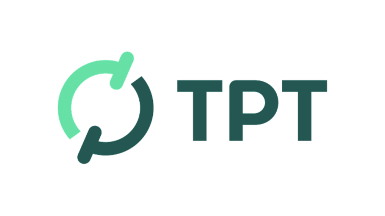 Logo with the letters TPT in dark green and a circular green and teal graphic to the left, resembling a stylized, incomplete loop or arrow.