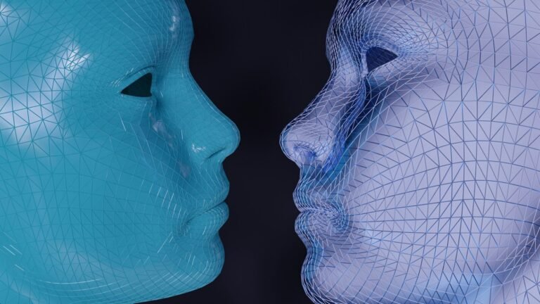 A blue and a white mannequin face to face