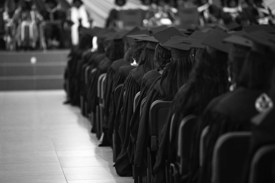 A large group of people in graduation gowns