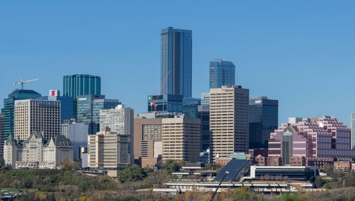 A view of a city with tall buildings
