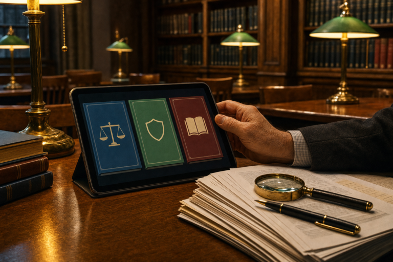 A professor's hand on a tablet showing three academic integrity e-books beside research papers, a pen and a magnifying glass