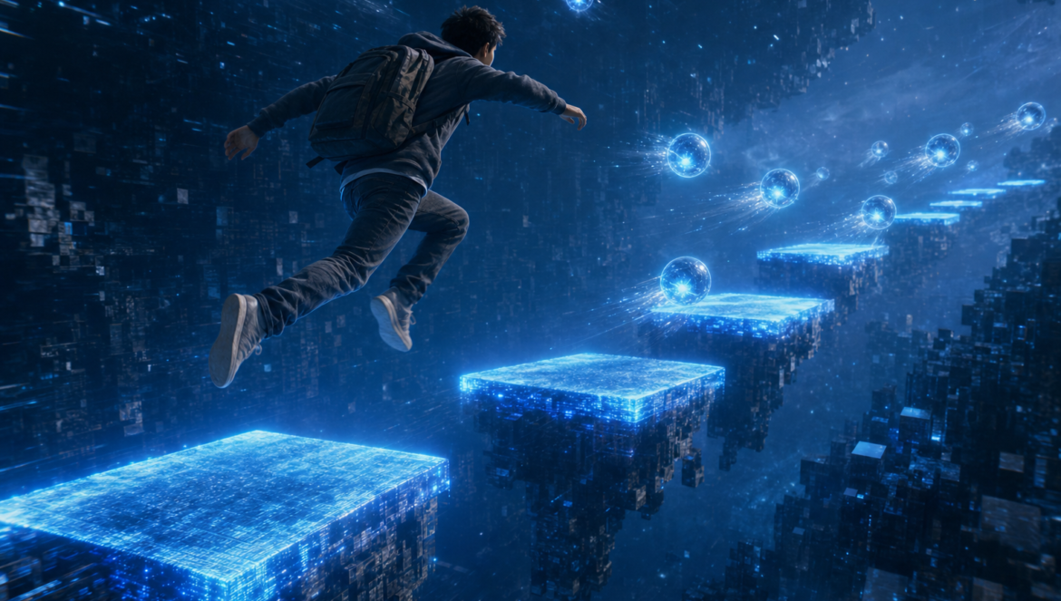 Agentic AI in education a student leaps between glowing platforms while autonomous AI orbs fly ahead and lay down the next stepping stones