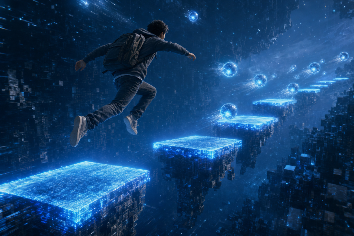 Agentic AI in education: a student leaps between glowing platforms while autonomous AI orbs fly ahead and lay down the next stepping stones