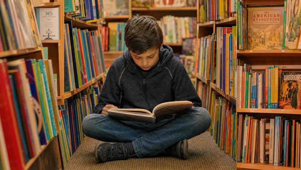 A boy of about ten sitting cross legged on the floor between tall bookstore shelves full of colorful childrens books absorbed in reading an open book on his l