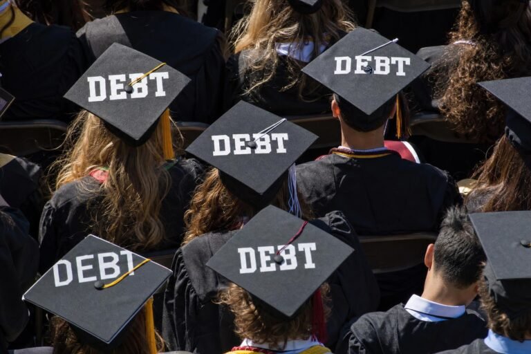 A crowd of graduates in black caps, several mortarboards decorated with the word DEBT in bold white letters, ceremony daylight