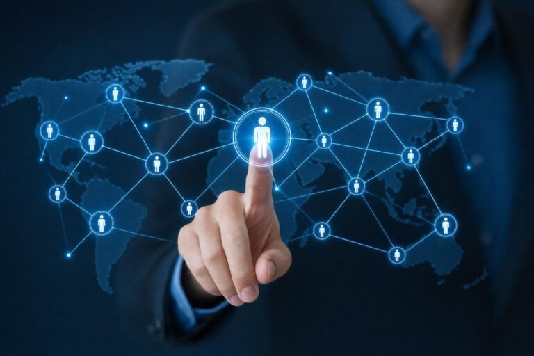A finger touching a glowing blue holographic network of connected people icons floating over a world map, dark blue background