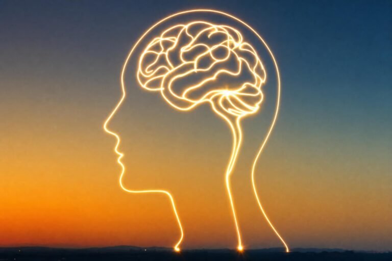 A glowing outline of a human head and brain drawn in light over a warm orange-to-blue gradient background