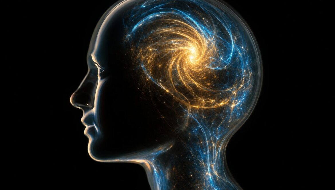 A glowing translucent human head in profile with a bright swirling spiral of blue and gold light inside dark background | edCircuit A glowing translucent human head in profile with a bright swirling spiral of blue and gold light inside dark background