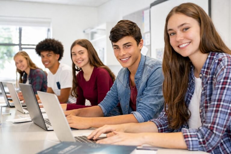 A group of smiling high school students at a long desk working on laptops, bright classroom
