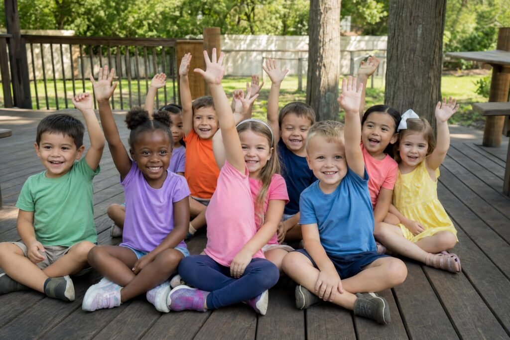 A group of smiling young children sitting on a wooden deck outdoors all raising their hands eagerly | edCircuit A group of smiling young children sitting on a wooden deck outdoors all raising their hands eagerly