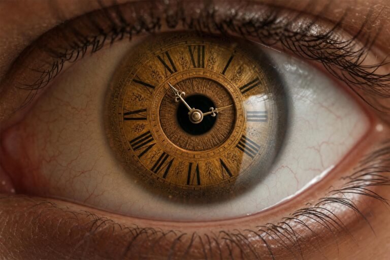A human eye whose iris looks like the face of an antique golden clock with roman numerals, warm sepia tones