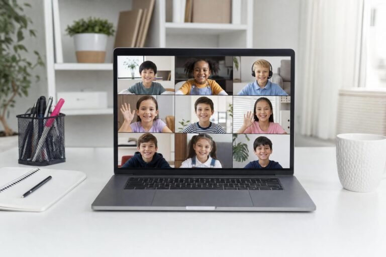 A laptop on a white desk whose screen shows a grid of smiling children in a video class call