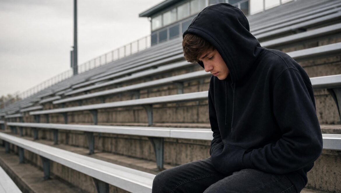 A lonely teenage boy in a dark hoodie sitting alone on empty stadium bleachers overcast light