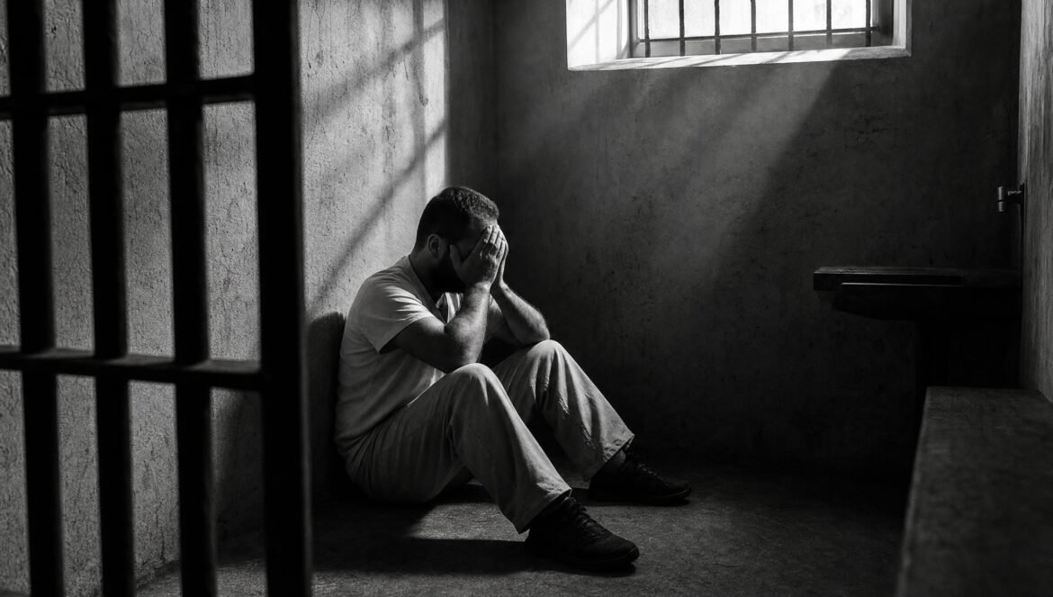 A man sitting on a prison cell floor with his head in his hands the shadow of the bars across him light from a small window | edCircuit A man sitting on a prison cell floor with his head in his hands the shadow of the bars across him light from a small window