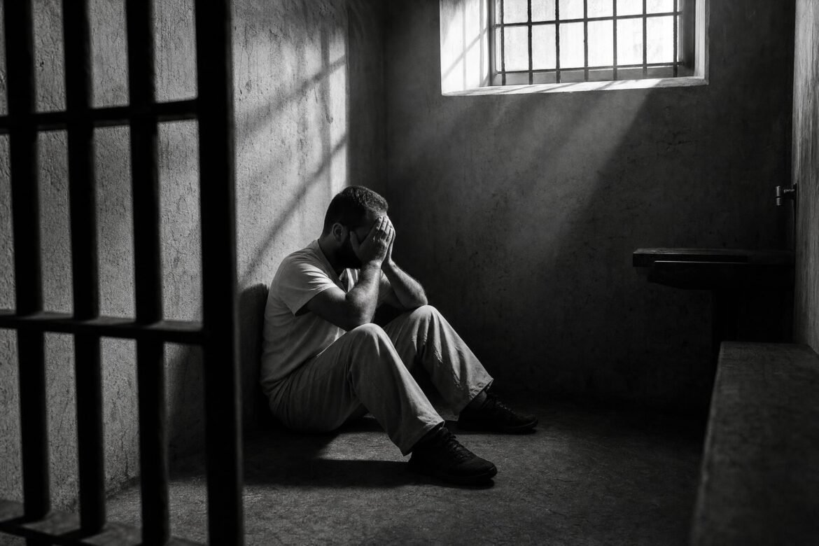 A man sitting on a prison cell floor with his head in his hands, the shadow of the bars across him, light from a small window