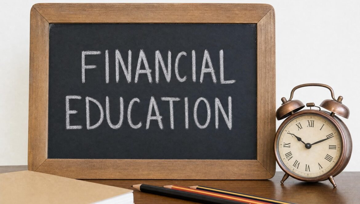 A small wooden framed chalkboard reading FINANCIAL EDUCATION in white chalk on a desk next to a vintage alarm clock and pencils