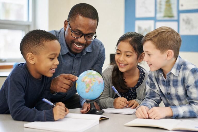 A smiling Black male teacher in glasses sitting with three young students looking at a small globe and notebooks