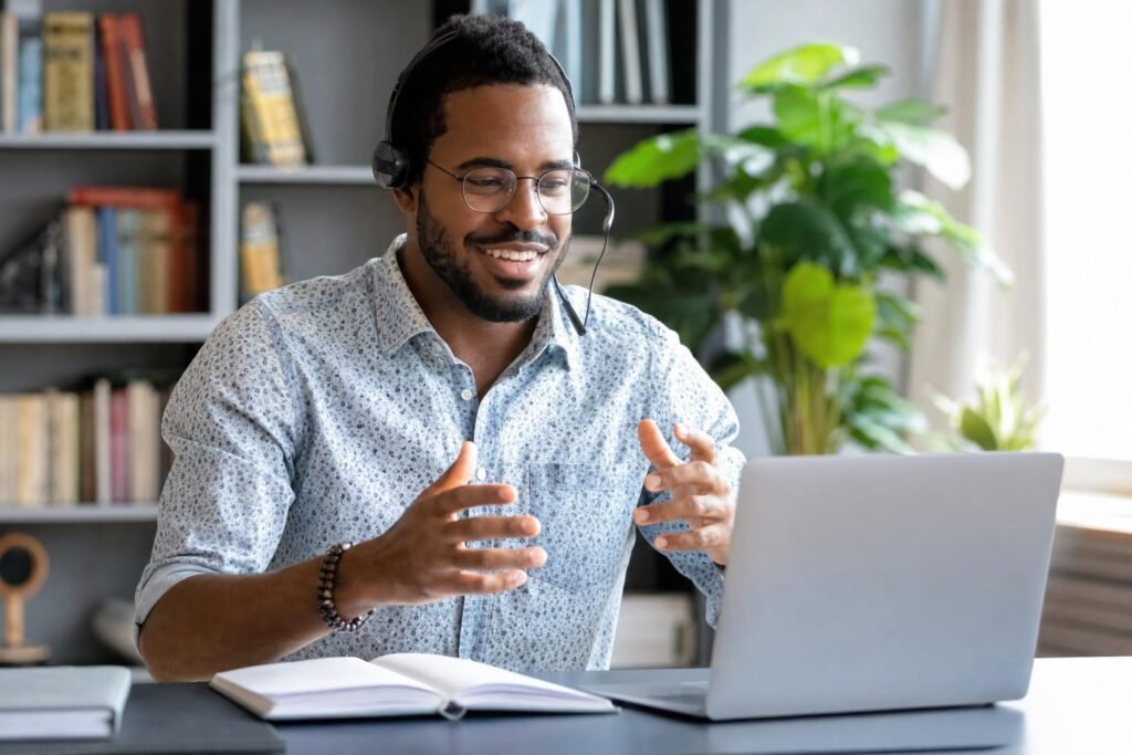 A smiling Black man wearing a headset and glasses gesturing as he talks on a video call at a laptop in a bright home office with plants | edCircuit A smiling Black man wearing a headset and glasses gesturing as he talks on a video call at a laptop in a bright home office with plants
