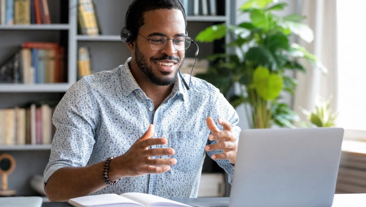 A smiling Black man wearing a headset and glasses gesturing as he talks on a video call at a laptop in a bright home office with plants