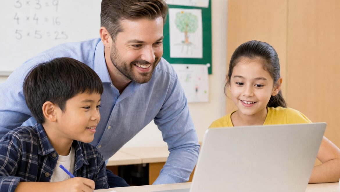 A smiling male teacher helping two young students at a laptop in a bright classroom | edCircuit A smiling male teacher helping two young students at a laptop in a bright classroom