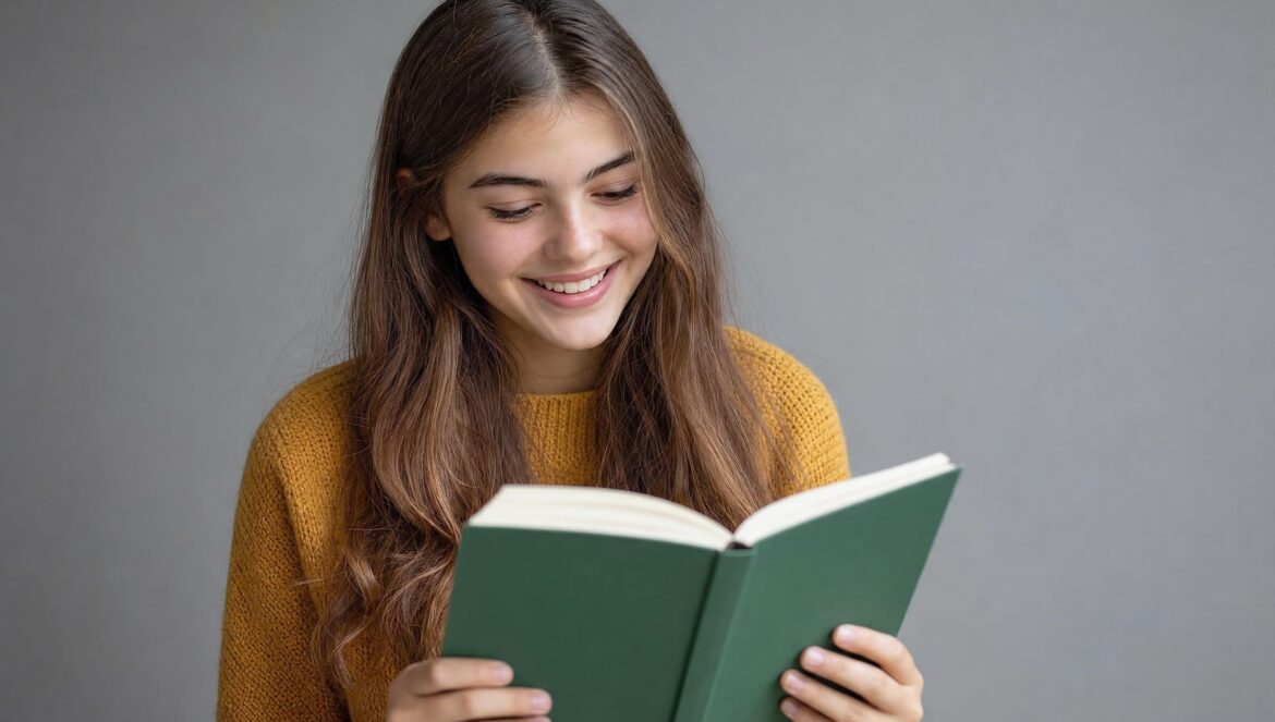 A smiling teenage girl in a mustard sweater reading an open green notebook soft grey background | edCircuit A smiling teenage girl in a mustard sweater reading an open green notebook soft grey background
