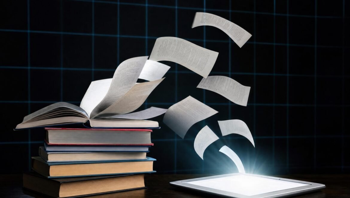 A stack of printed books whose pages turn into flying sheets streaming into a glowing tablet screen dark background with blue grid lines