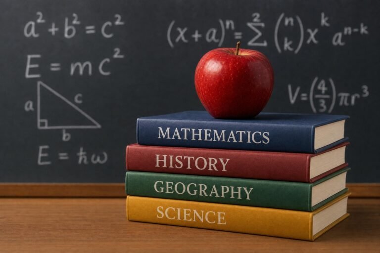A stack of school textbooks labeled Mathematics, History, Geography and Science with a red apple on top, a chalkboard with equations behind