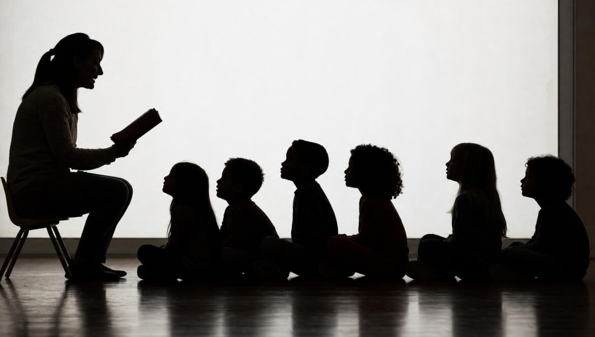 A teacher reading aloud to a row of seated children all shown in black silhouette against a bright white wall