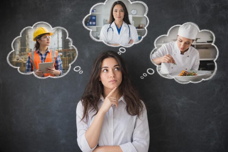A thoughtful young woman in front of a chalkboard with chalk thought-bubbles around her showing photos of a doctor, an engineer in a hard hat and a chef