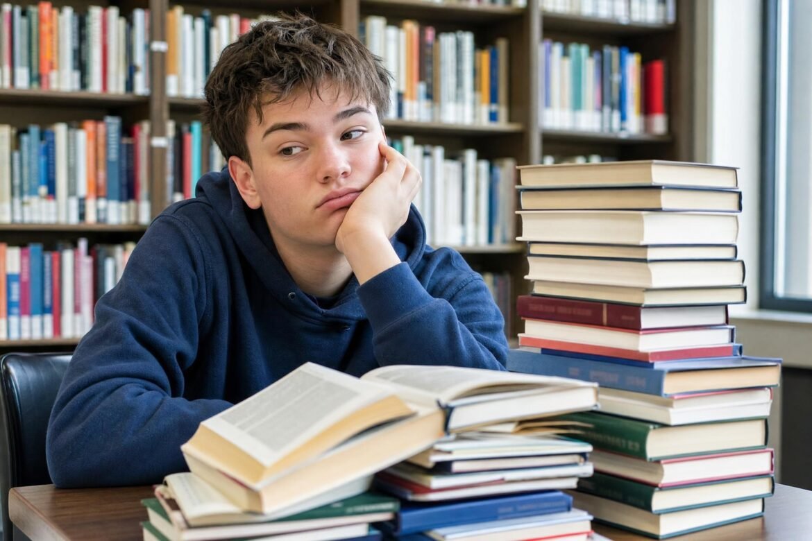 A tired teenage boy in a library resting his chin on his hand beside tall stacks of books on the table, soft window light